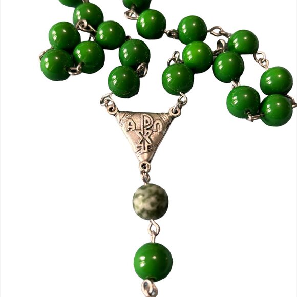 Green Chi Rho Catholic Rosary - Picture 2 of 3